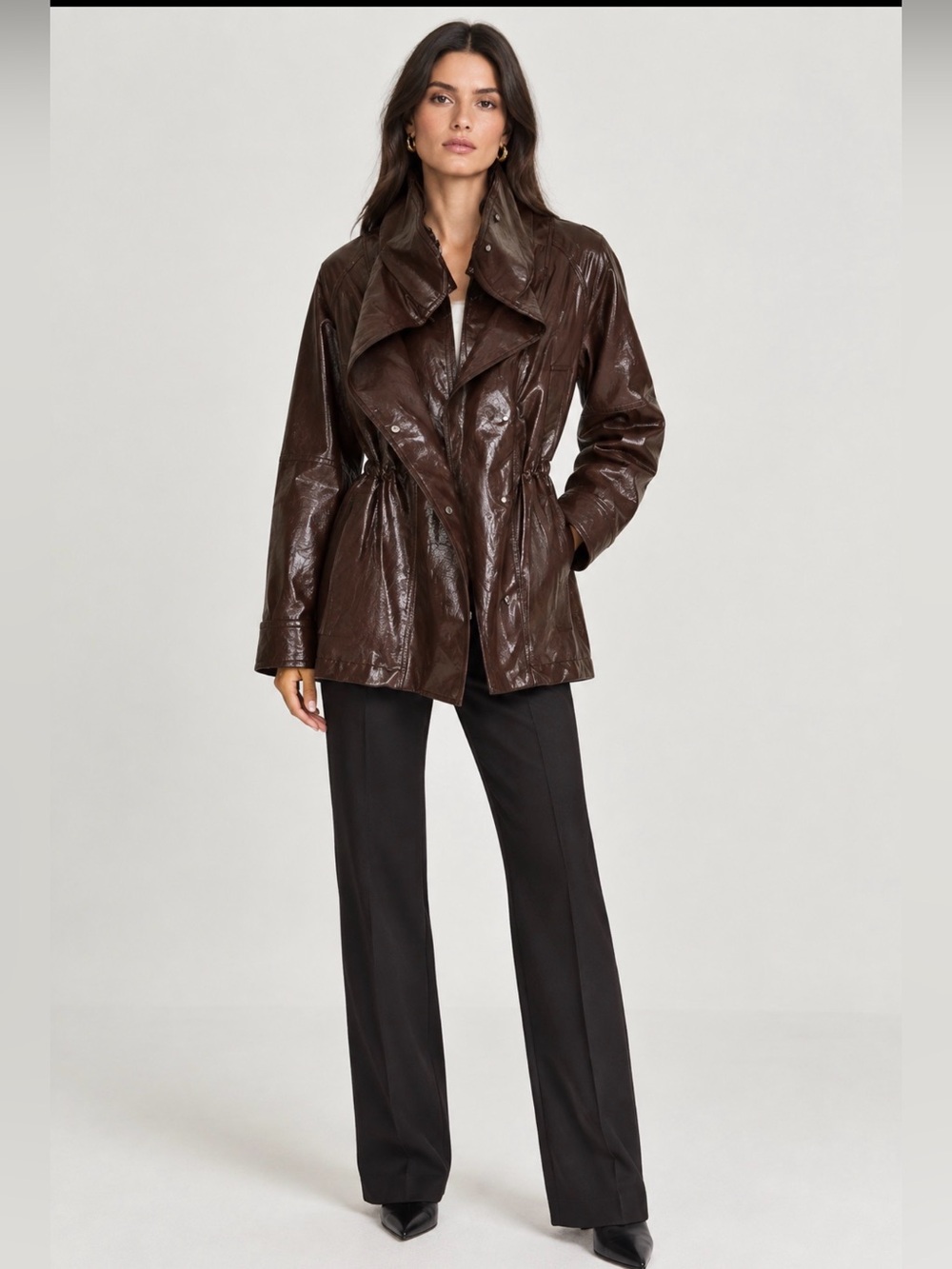 New Women's Dark Brown Glossy Leather Jacket size M